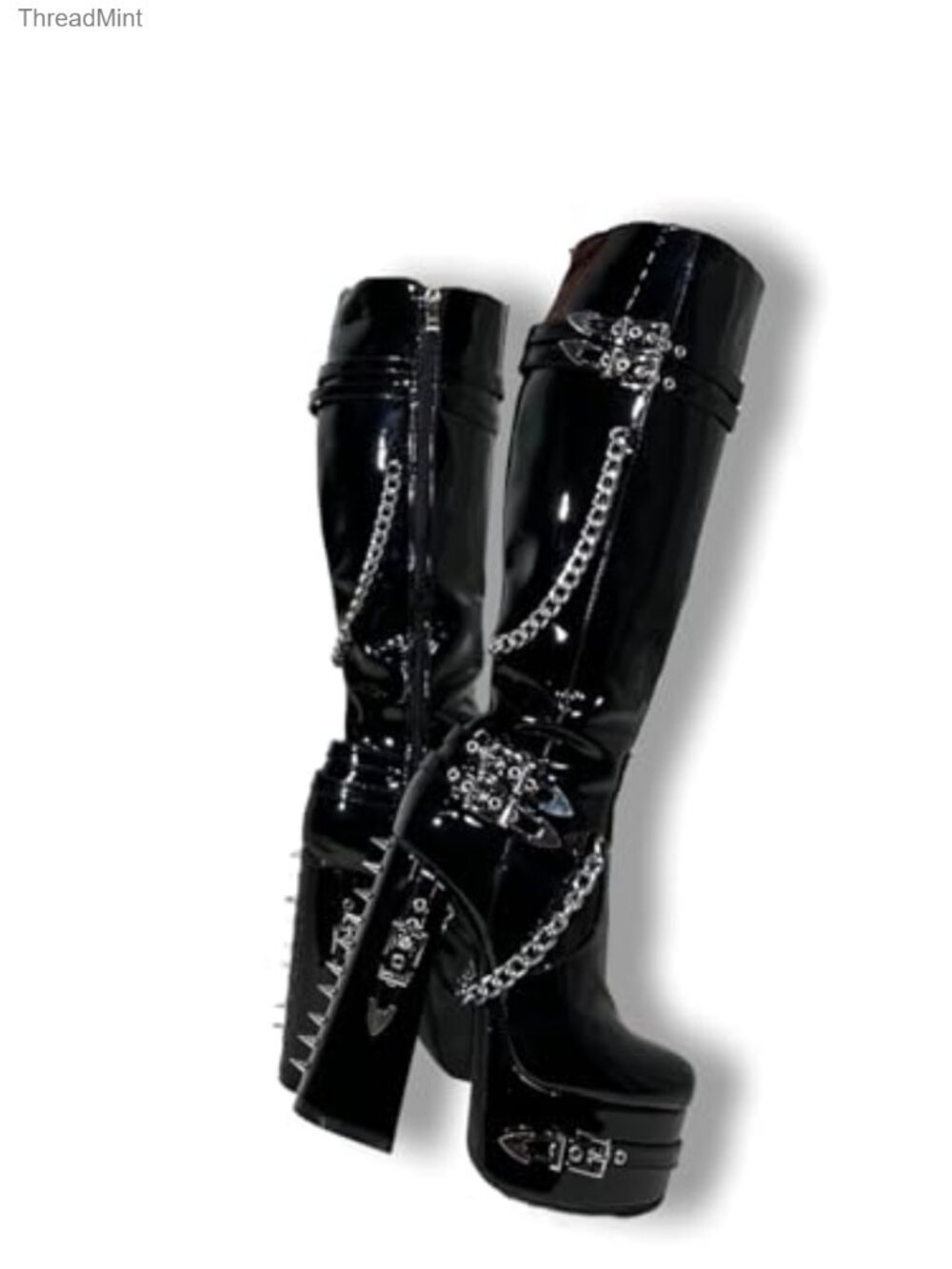 Gothic Platform Knee High Boots Patent Chunky Heels Wide Calf Zip